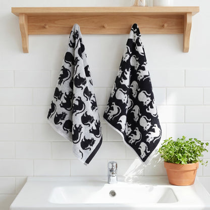Breling 2 Pcs Cat Hand Towels Black White Cute Kitty Bathroom Towels 100% Cotton Highly Absorbent Soft Kitchen Dish Decorative Gifts for Cat Lovers Halloween Holiday Decorations, 13 x 29 Inch