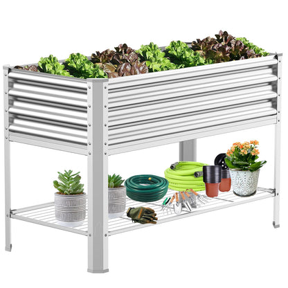 COATTOA Raised Garden Bed with Legs, Galvanized Raised Planter Box with Storage Shelf and Drainage Holes, 48×24×32 Inch Large Metal Garden Bed Kit for Balcony, Backyard, Patio Lasts for Years of Use.