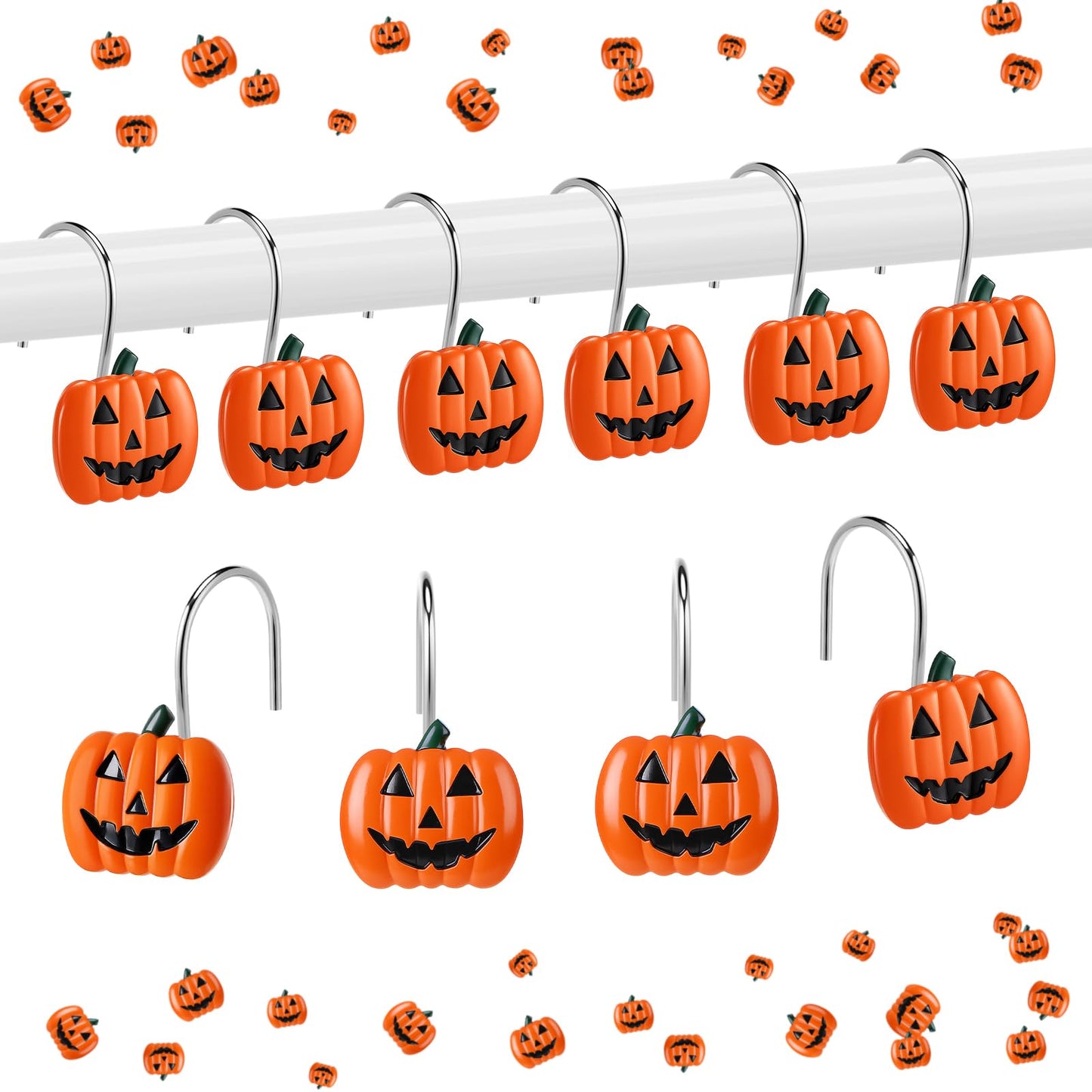Yungyan 12 Pcs Halloween Shower Curtain Hooks Pumpkin Curtain Hangers Orange Autumn Fall Decorative Rings for Halloween Bathroom Restroom Decor
