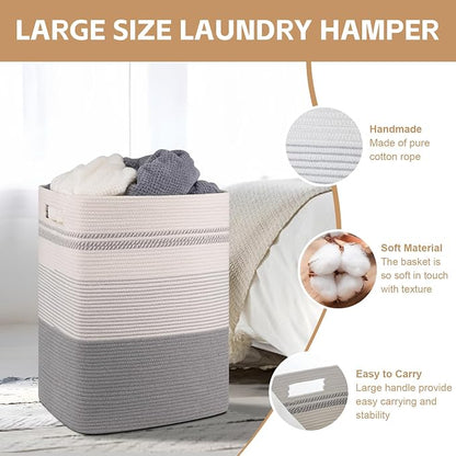 80L Large Cotton Rope Laundry Basket for Bedroom & Laundry Room, Tall Clothes Hamper with Sturdy Handles, Neutral Storage Bin Capable of Holding Blankets and Toys