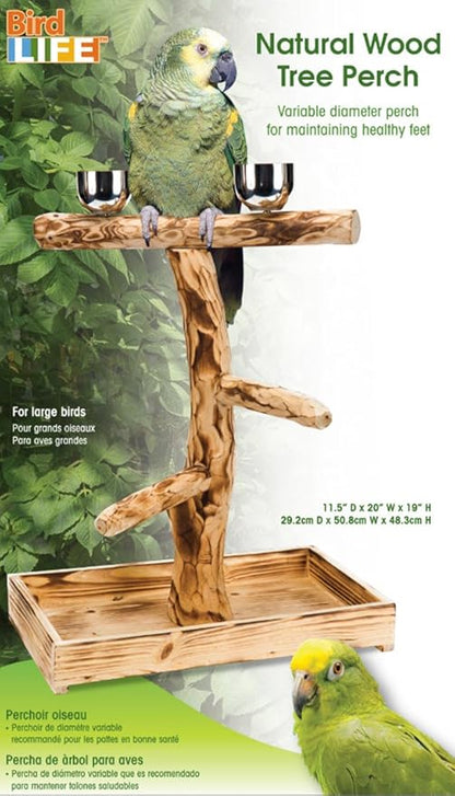 PENN-PLAX Bird-Life Natural Wood Tree Perch for Large Birds and Parrots – Includes Food and Water Bowls and Drop Tray – Large