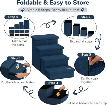 4-Step Wide Dog Stairs with Storage 23" H, Non-Slip Sturdy Pet Steps for High Bed Couch Window, Pet Stairs for Small/Medium/Large Old Dogs Cats Up to 220lbs, Cat Dog Steps for Car/SUV, Navy