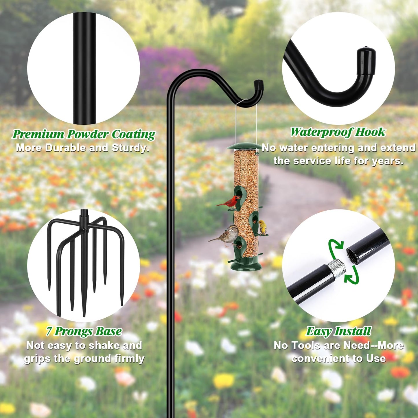 FEED GARDEN Sheperds Hooks for Outdoor Bird Feeder Pole 76 Inch Adjustable Tall Heavy Duty Shepherds Hooks for Hanging Plant Baskets, Solar Lights, Wedding Decor, Lanterns, Black (2 Pack)