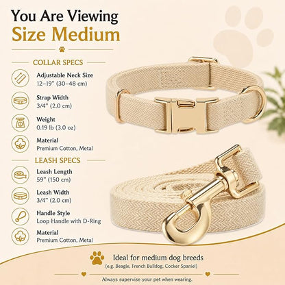 Herringbone Tweed Dog Collar and Leash Set for Medium Dogs,Light Beige | Snag-free, no-rub design. Soft breathable cotton, gentle on fur. Adjustable durable matching combo for walks & outdoors.