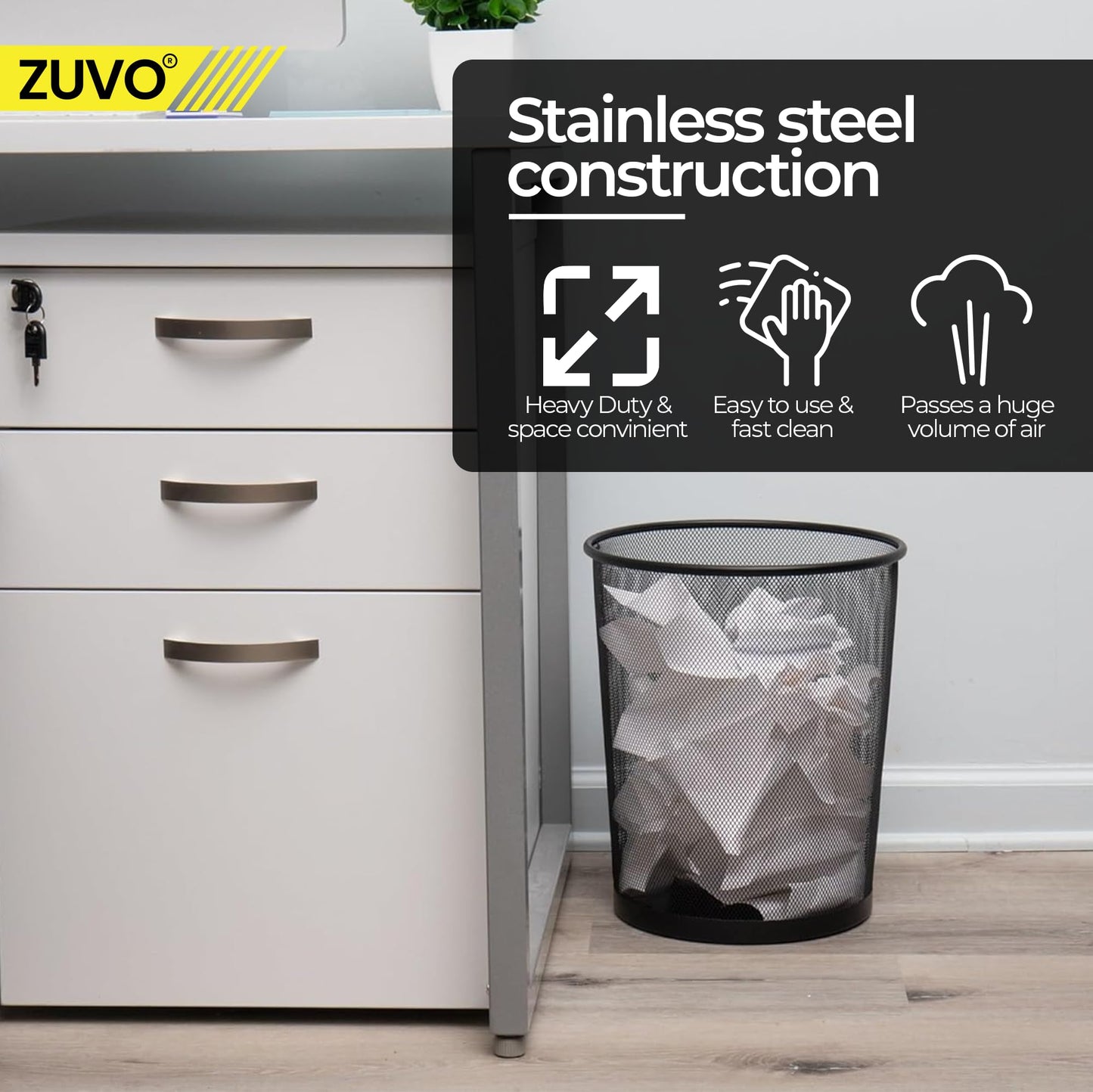 Zuvo Mesh Wastebasket Black Metal Wire Garbage Trash Can for Office Home Bedroom Height 10.1" Width 10", 4 Gallon (16 Quart) (1, Black)