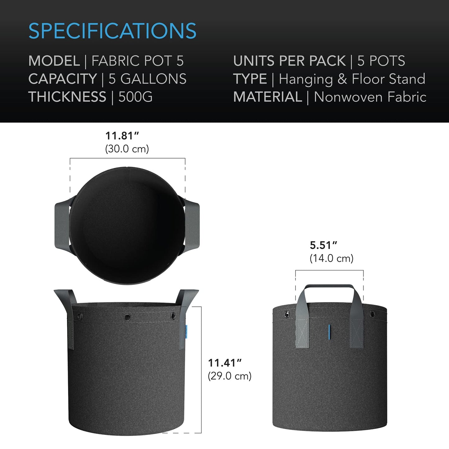 AC Infinity Heavy Duty Fabric Pots, 5 Gallon Aeration Reusable Grow Bags 5-Pack with 500G Thick Nonwoven Fabric and Multi-Purpose Rings, for Low Stress Plant Training Fruits, Vegetables, and Flowers