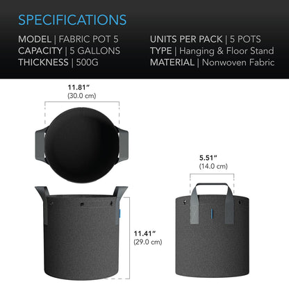 AC Infinity Heavy Duty Fabric Pots, 5 Gallon Aeration Reusable Grow Bags 5-Pack with 500G Thick Nonwoven Fabric and Multi-Purpose Rings, for Low Stress Plant Training Fruits, Vegetables, and Flowers