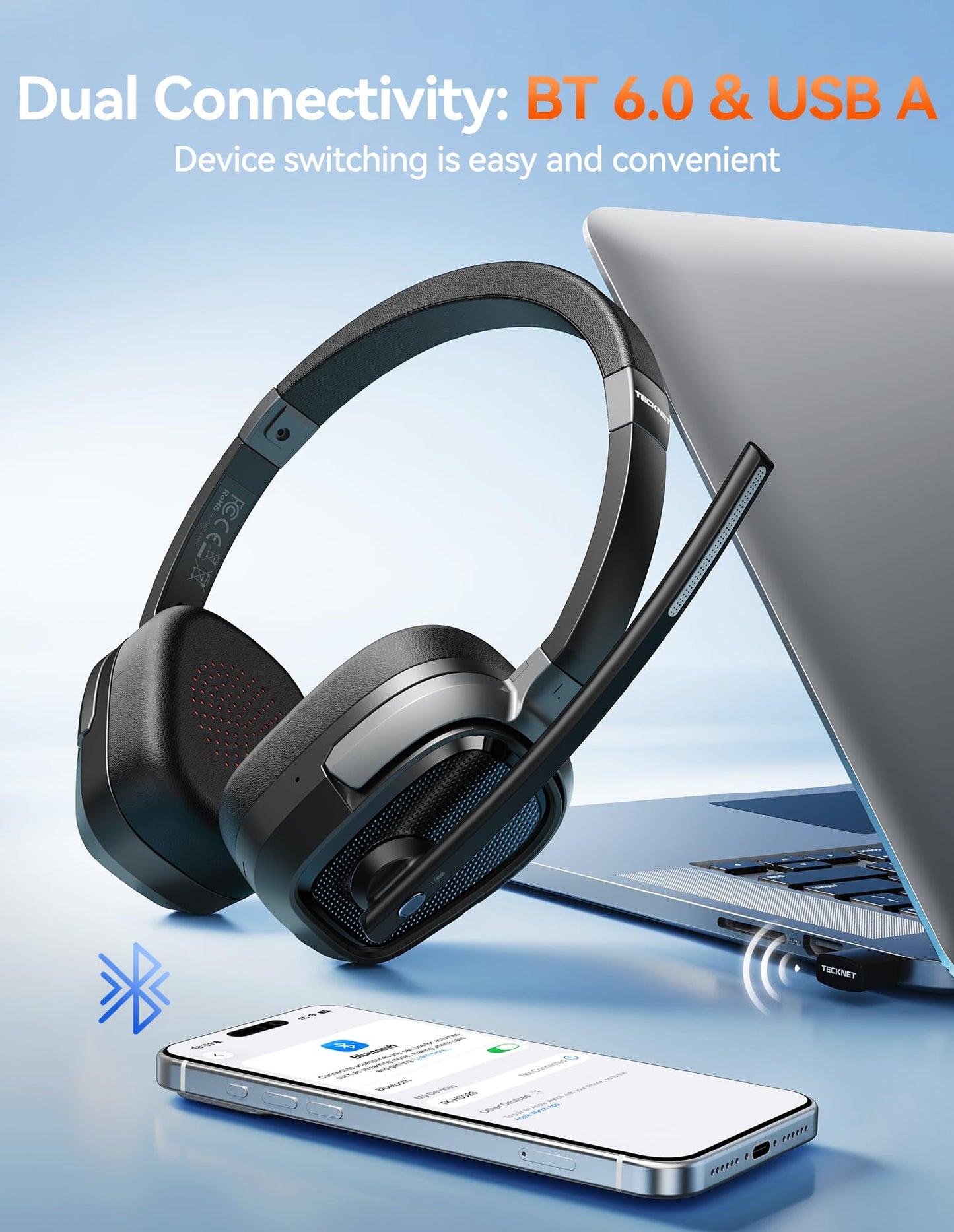 TECKNET Wireless Headset with Mic for Work, V6.0 Bluetooth Headset with AI Noise-Cancelling Microphone & USB-A Dongle, 50H Playtime & Mute, On-Ear Headphones for PC, Laptop, Phone, Office & Trucker