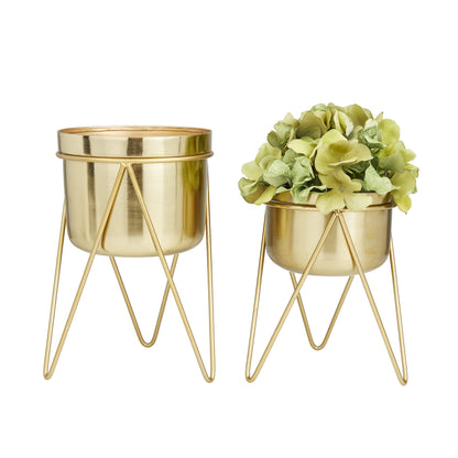 CosmoLiving by Cosmopolitan Metal Indoor Outdoor Planter Small Planter Pot with Removable Stand, Set of 2 Planters 7", 7"W, Gold