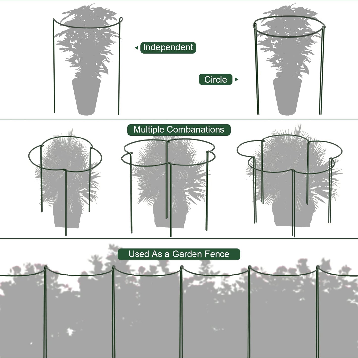 FEED GARDEN 6 Pack Plant Support Stakes, Peony Cages and Supports, Metal Garden Plant Stake(10" Wide x 16" High) Green Half Round Plant Support Rings for Outdoor Indoor Plants, Tomato, Hydrangea