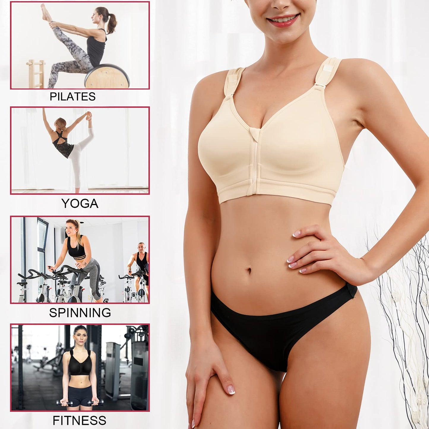 CYDREAM Women Post-Surgical Bra Zip Front Post Surgery Sports Bras Racerback Support Wireless Adjustable Straps (3XL, Beige)