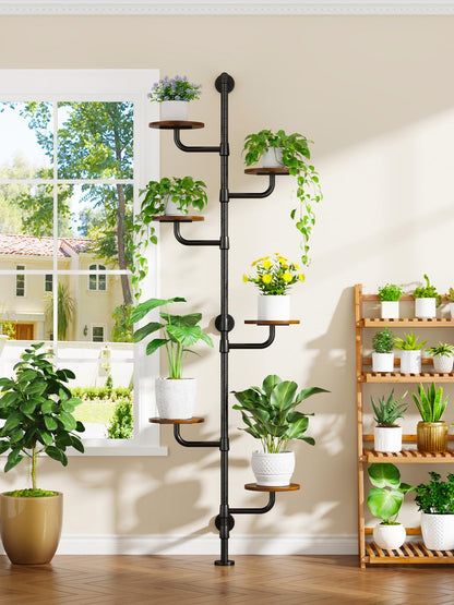 CYXPHION Plant Stand Indoor, 6-Tier Plant Shelf, Tall Wall Mounted Metal Pole & Rotating Wooden Board Plant Holder for French Window, Corner, Home Decor - C5