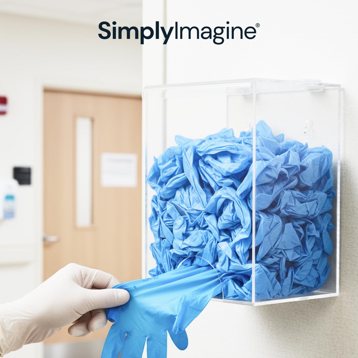 SimplyImagine Clear Acrylic Glove Dispenser - Storage Wall Mount Storage for Hairnets, Masks, and Laundry Pods - 8.25" H x 6.5" W x 5" Holder for Estheticians and Home - Hardware Included