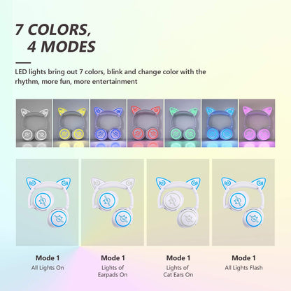 Headphones for Back to School, Kids Cat Ear Headphones, Led Lights Up, Foldable Bluetooth Wireless Headphones with Microphone for iPad Tablet