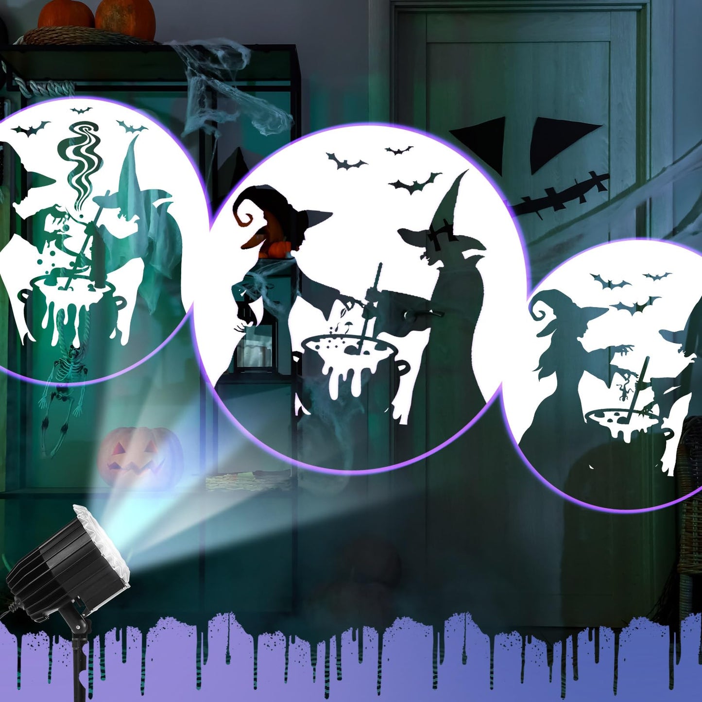 Lingvee Halloween Projector Light with 1 Film Slides Holiday LED Projector Lights Outdoor Reflectors Waterproof Landscape Decorative Rotation Lighting Movement Projection Lamp(Witches Poison)
