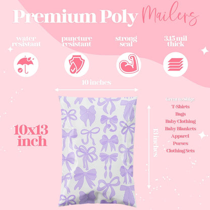 6x9 Designer Poly Mailer 100 Pack Heavy Duty Waterproof Self Seal Shipping Bags for Small Business Large Mailing Envelopes Bulk Tear Resistant Packaging Purple Bows