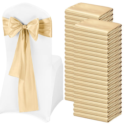 Pesonlook 120 PCS Champagne Satin Chair Sashes Bows Satin Chair Sashes Universal Chair Cover for Wedding Reception Restaurant Event Decoration Banquet,Party,Hotel Event Decorations (7 x 108 inch)