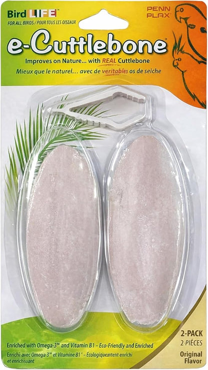 Penn-Plax Bird-Life E-Cuttlebone Original, 1 Pk (2 Counts) - Durable, Less Brittle Cuttlebones Enriched with Omega 3, Honey & Vitamin B1 - Easy Mounting, Cage Clip - Great for All Bird Sizes - White