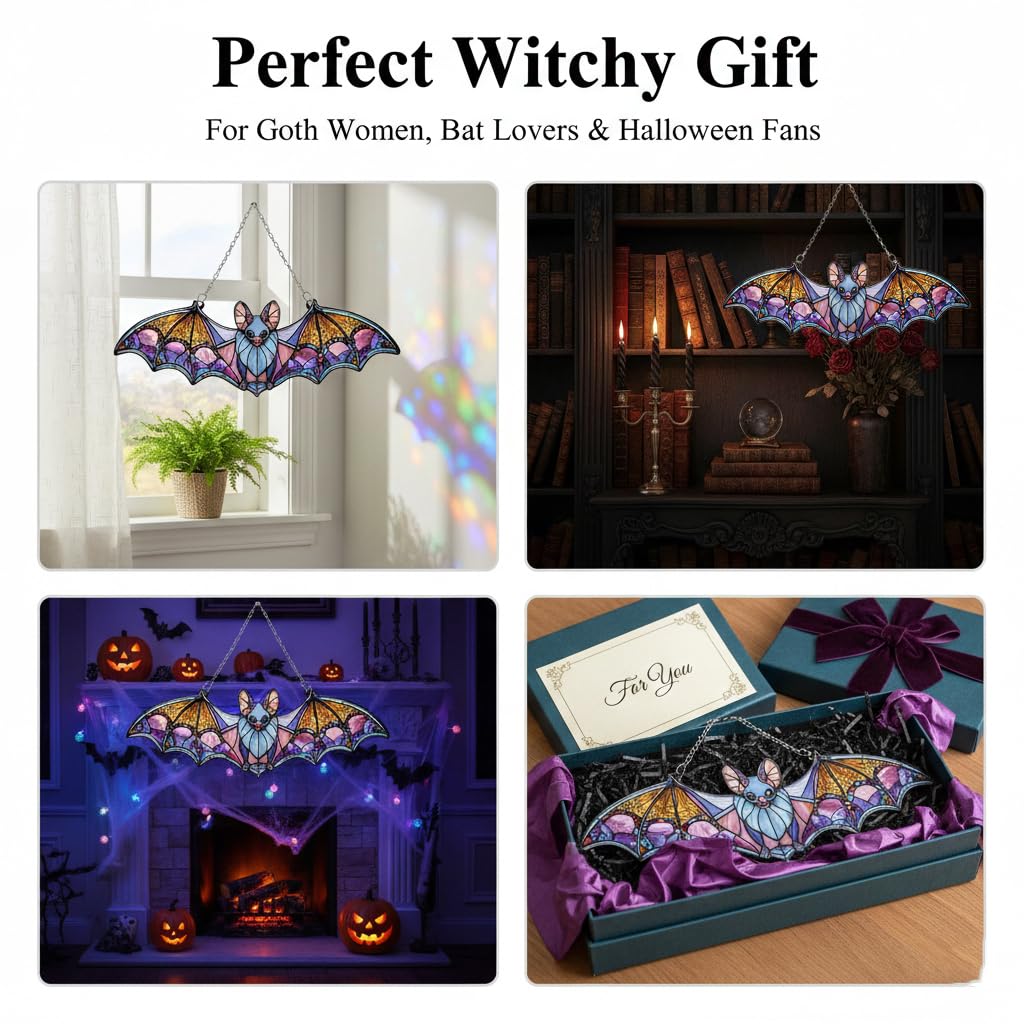 Bat Car Hanging Ornament, Bat Suncatcher, Gothic Rear View Mirror Decor, Halloween Bat Window Hanging, Witchy Gifts for Goth Women(Bat 4)