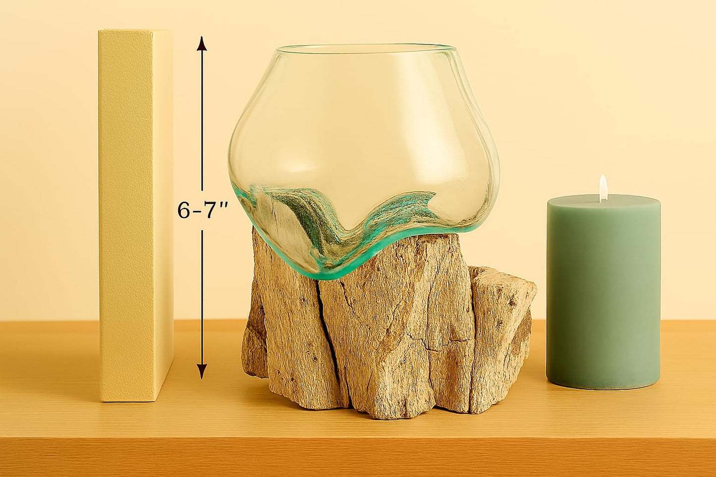 OMA Molten Glass on Driftwood – Hand-Blown Melted Glass Vase, Terrarium, or Planter for Coastal & Boho Home Décor (6"–7" High)