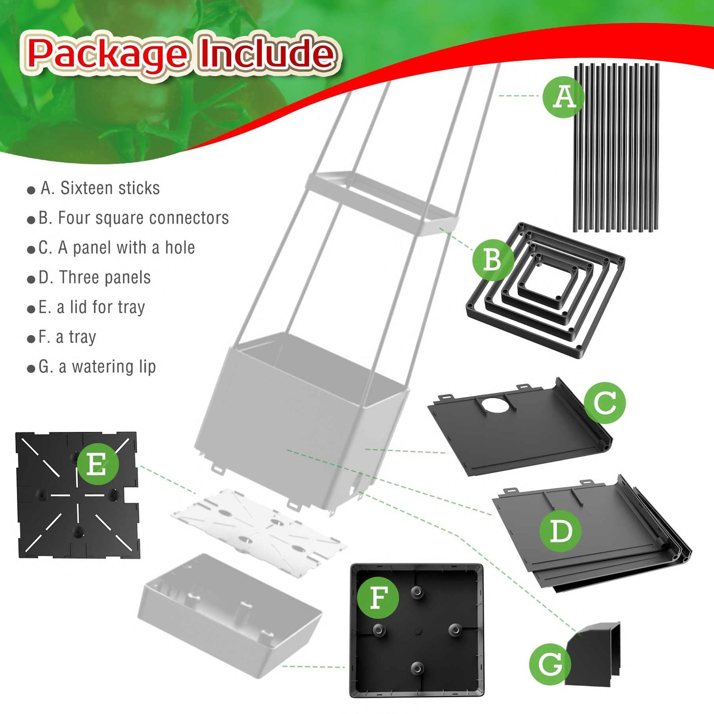 Raised Garden Bed Planter Boxes & Trellis, vanpein Tomato Cage & Planter Pot Outdoor 59" Plant Support with Self Watering for Climbing Vegetable Flowers Vines Plants, Gray