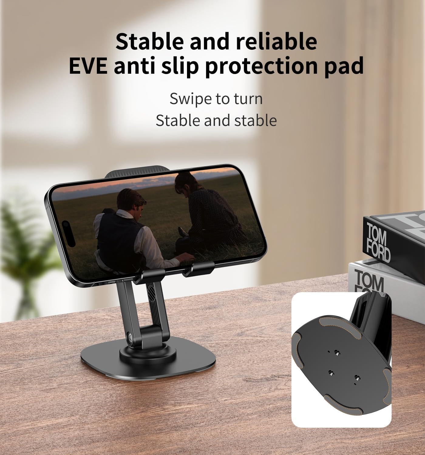 CXTX 360° Rotating Cell Phone Stand for Desk, Adjustable & Foldable Phone Holder, Aluminum Desktop Phone Stand with Anti-Slip Base, Compatible with iPhone, iPad, Android Phones, K69-Black