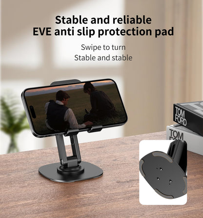 CXTX 360° Rotating Cell Phone Stand for Desk, Adjustable & Foldable Phone Holder, Aluminum Desktop Phone Stand with Anti-Slip Base, Compatible with iPhone, iPad, Android Phones, K69-Black