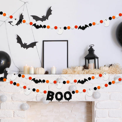JarThenaAMCS 3Pcs Halloween Felt Garland Ghost Boo Bat Hanging Banner Orange Black White Pom Ball Banner for Haunted House Home Wall Mantle Decor
