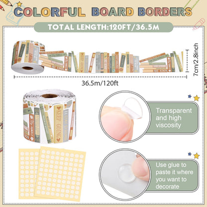 Tenceur 120 ft Bookshelf Border Trim Book Rolled Border Trim Decor Back to School Straight Bulletin Board Set for Library Classroom Poster Board Whiteboard Wall Decoration(Earth,Boho)