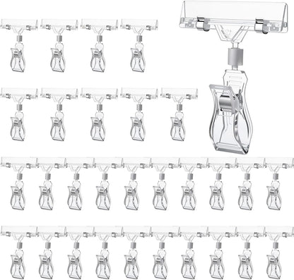 30Pcs Clear Sign Holder Clips for Retail Display, Plastic Price Sign Clamps Label Tag Acrylic Clips, Merchandising Rotatable Pop Clip for Retail Rack, Baskets or Cards