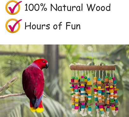 Kikerike Parrot Chewing Toy Bird Bite Toy with Colorful Wood Beads, Multicolored Natural Wooden Block Cage Toys for Macaw Cockatoo Parakeets