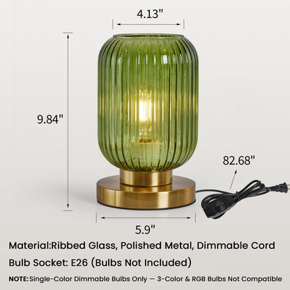 Mid Century Modern Table Lamp: Vintage Green Ribbed Glass Globe Dimmable Plug in Small Bedside Lamps - Cute Brass Gold Side Table Lamp Nightstand Light for Bedroom Entryway Office Desk Living Room