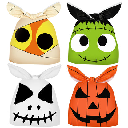 100 Pcs Halloween Treat Bags Rabbit Ear Candy Bags Trick or Treat Small Plastic Goodie Bag Halloween Party Favor Bags for Kids Party Favor Supplies, 4 Designs