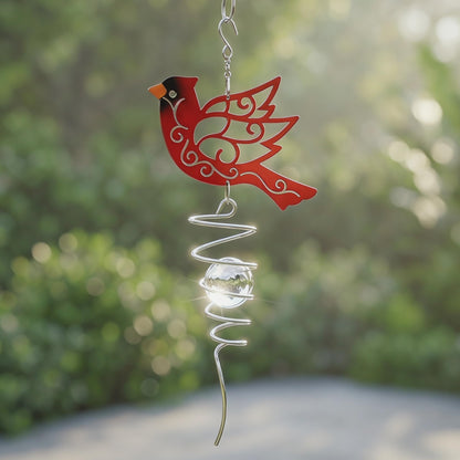 Topadorn Cardinal Wind Spinner with Crystal Glass Ball, 18" Metal Hanging Bird Spinner for Garden, Patio, Porch & Memorial Outdoor Decor