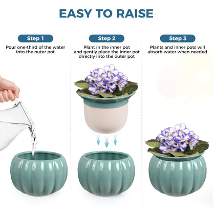 BUYMAX African Violet Pots, 6 inch Pumpkin-Style Ceramic Easy Self Watering Plant Pot for Busy Plant Lovers, Automatically Absorb Appropriate Amount of Water, Flower Pot Indoor-Plants Not Included