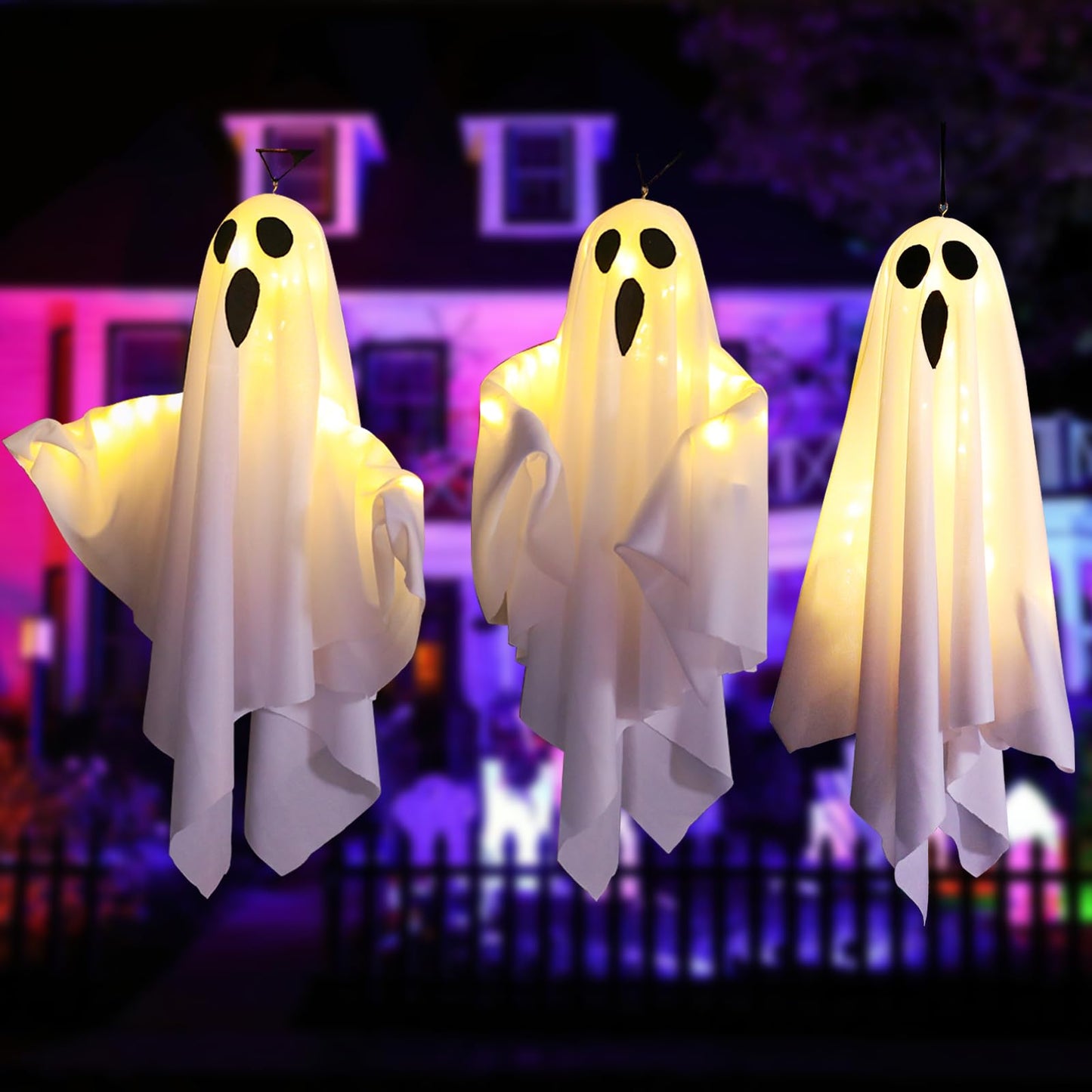 TUSAUW 3Packs Halloween Light Up Hanging Ghost Halloween Ghost Decorations with LED Light Spooky Ghost Ornaments for Home Tree Garden Yard Party Décor and Holiday Decorations(White)