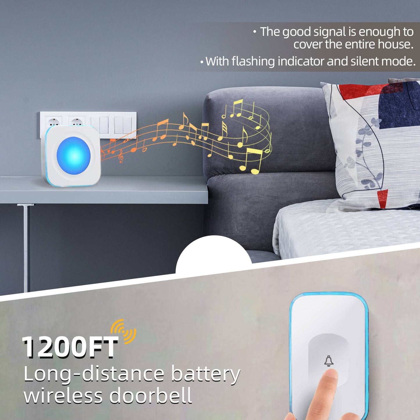 Wireless Doorbells for Home Battery Operated Doorbell at 1200 Feet with Flashing Light 36 Melodies 4 Volume Levels (2 Portable Receivers & 1 Touch Button White）JSIEEM