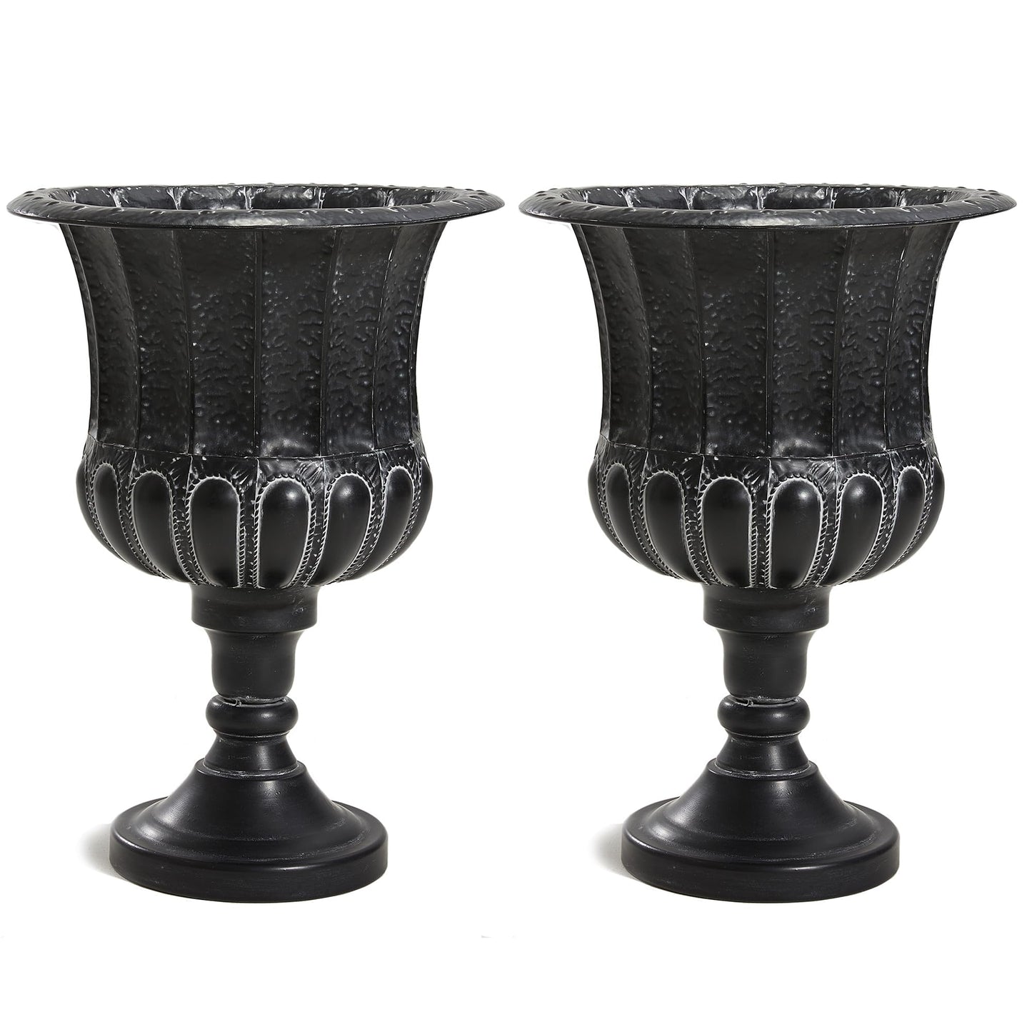 Worth Garden 25" H. Metal Urn Planters 2-Pack - Black Traditional Classic Iron Plant Pots - Large Decorative Rustic Flower Container for Patio, Front Porch, Outdoor Use