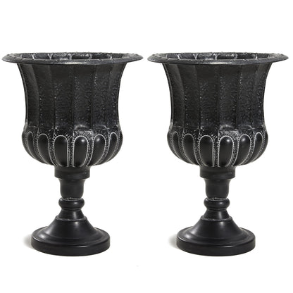 Worth Garden 25" H. Metal Urn Planters 2-Pack - Black Traditional Classic Iron Plant Pots - Large Decorative Rustic Flower Container for Patio, Front Porch, Outdoor Use