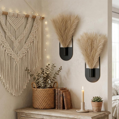 Nacidooka 2 Pcs Hanging Planters for Indoor Plants, Hanging Plant Holder with Artificial Pampas Metal Plant Hanger Wall Art Modern Boho Wall Decor for Bathroom Living Room Hallway Home Office(Black)