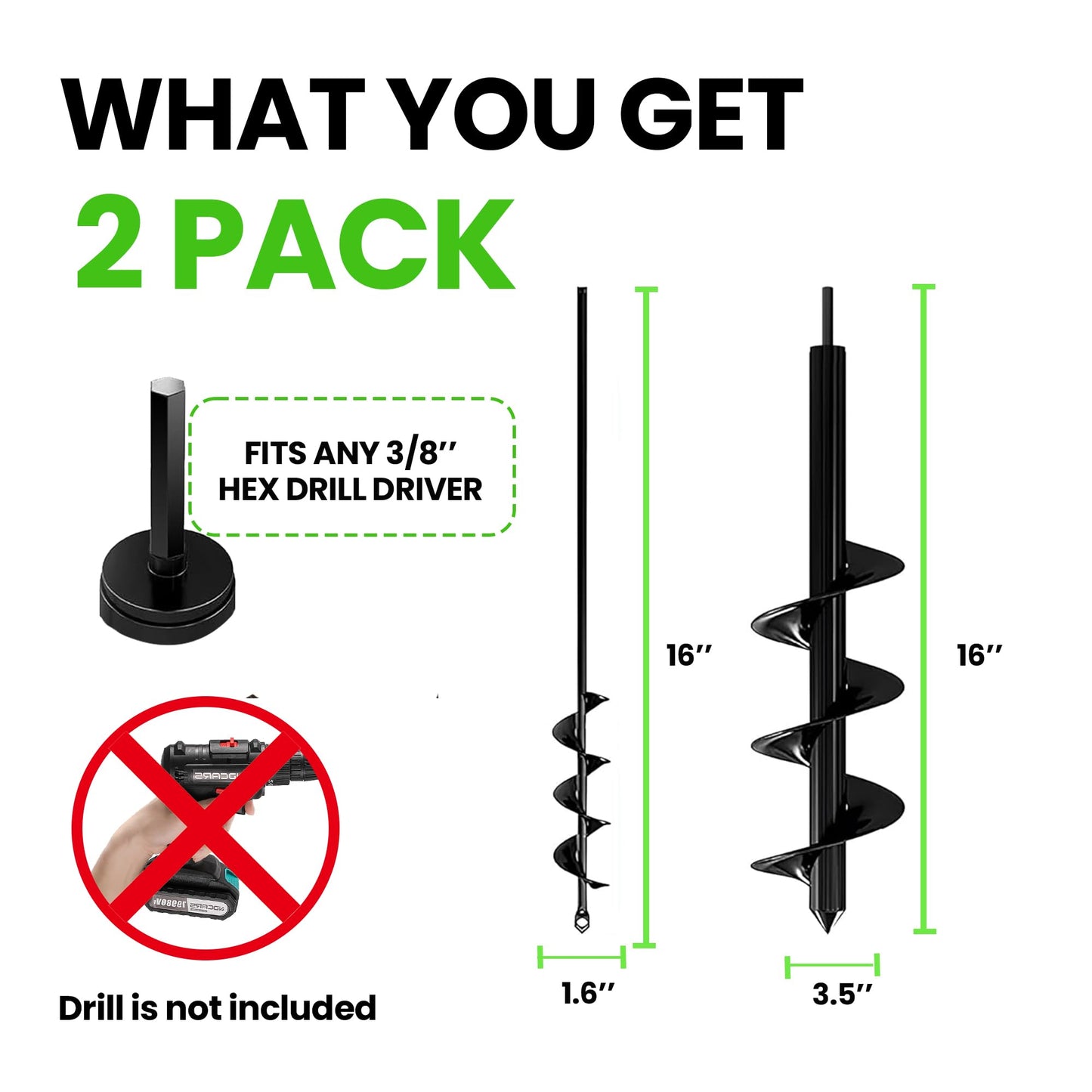 K-Brands Auger Drill Bit for Planting 2 Pack 1.6 x 16 Inch & 3.5 x 16 Inch Set – Garden Spiral Hole and Bulb Planter Tool for Umbrella Holes - Compatible with 3/8 Inch Hex Drive