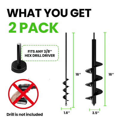 K-Brands Auger Drill Bit for Planting 2 Pack 1.6 x 16 Inch & 3.5 x 16 Inch Set – Garden Spiral Hole and Bulb Planter Tool for Umbrella Holes - Compatible with 3/8 Inch Hex Drive