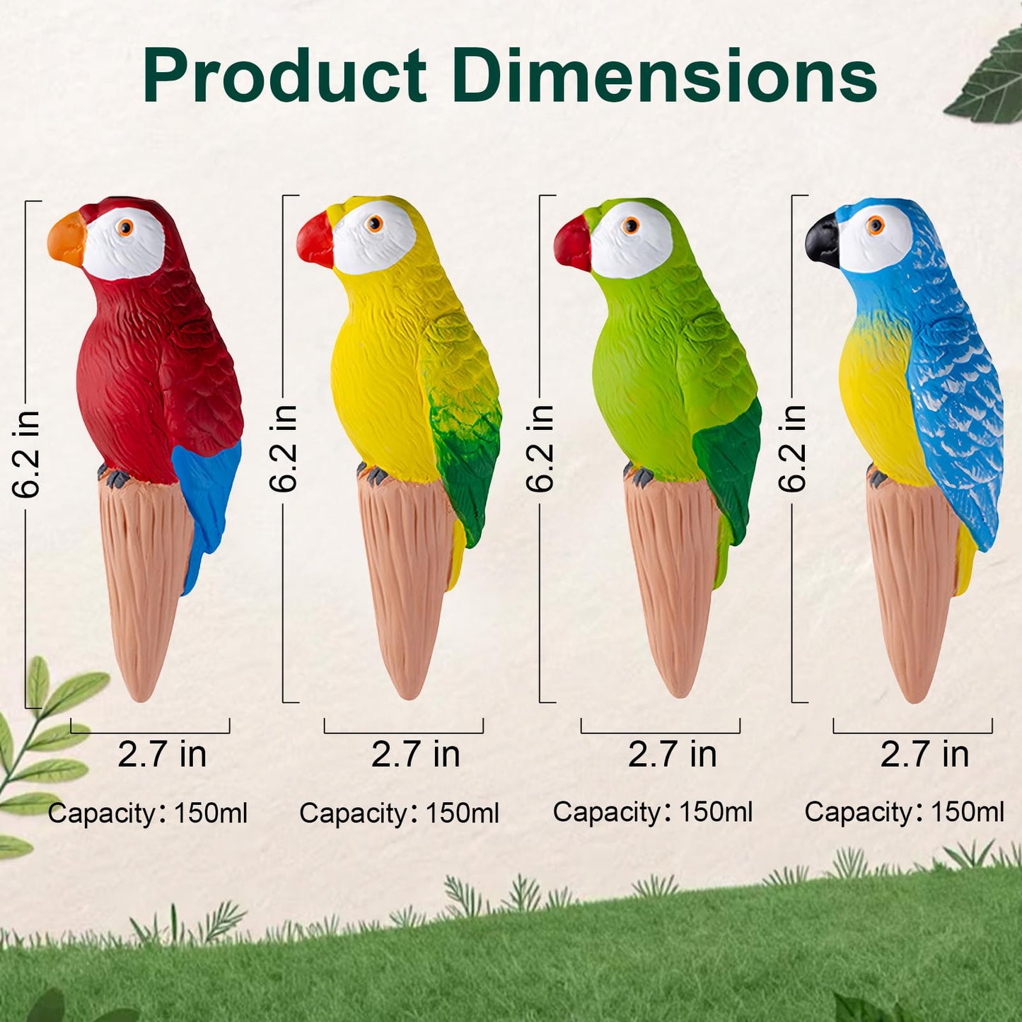 MCleanPin 4 Pack Self Watering Spikes and Globes, Handmade Terracotta Parrot Self-Watering Plant Devices with Slow Release System, Automatic Plant Water Bulbs for Indoor and Outdoor Garden Vacation
