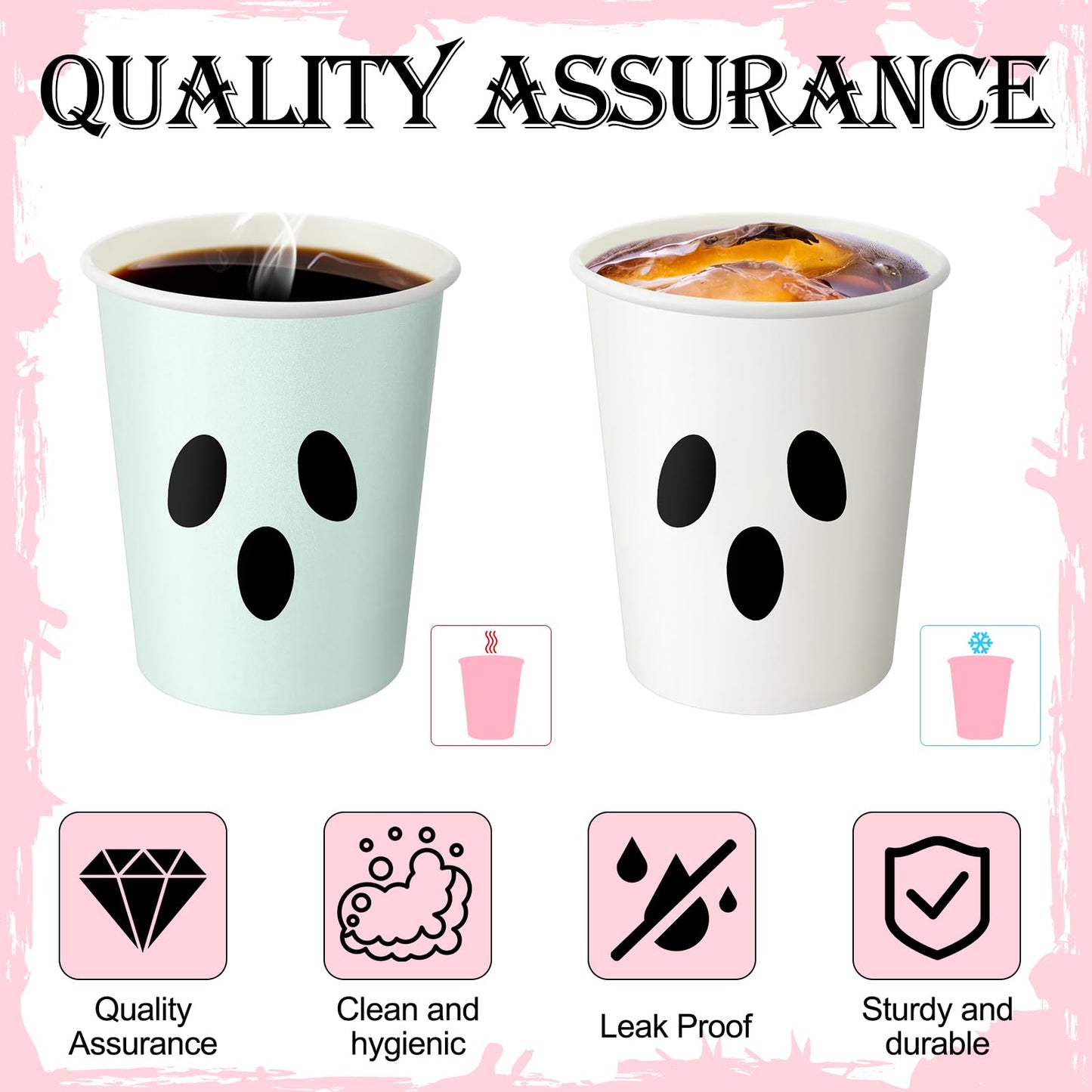 Jingmore 100 Count Summer Halloween Paper Cups 9 oz Disposable Hot/cold Beverage Drinking Cups for Girly Pastel Halloween Party Supplies Decoration(Ghost Face)