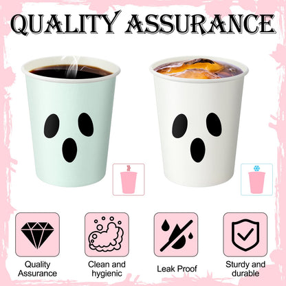Jingmore 100 Count Summer Halloween Paper Cups 9 oz Disposable Hot/cold Beverage Drinking Cups for Girly Pastel Halloween Party Supplies Decoration(Ghost Face)