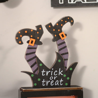 SY Super Bang 5pcs Halloween Wooden Decorations, Halloween Tabletop Centerpiece Craft Decor Including Witch/Ghost/Shoes Decor for Home, Indoor, Holiday, Party Supplies, Kid's Gift.