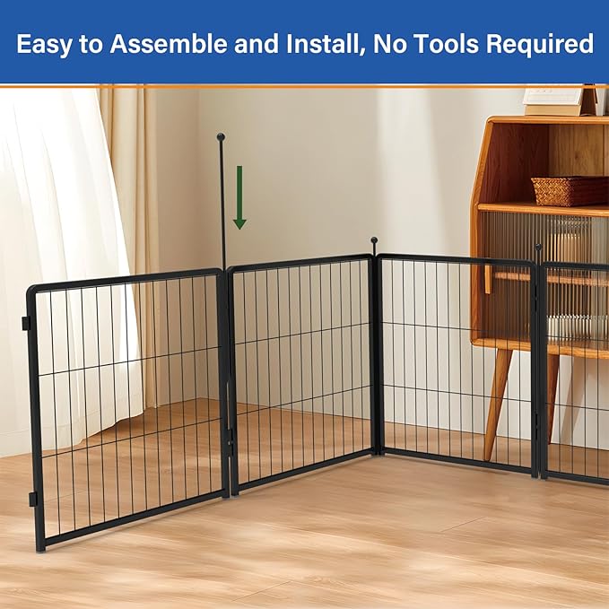 Dog Playpen 24 inch 4 Panels for Indoor & Outdoor Use – Heavy-Duty Metal Pet Fence with Ground Stakes, Rounded Ball Tops for Safety, Stable & Foldable Design, Easy to Assemble