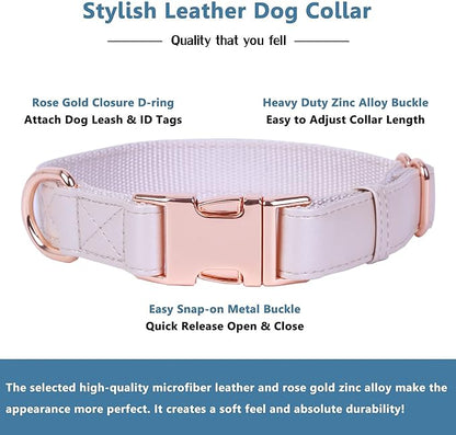 Soft Leather Dog Collar and Leash (6.6') Set - Stylish Rose Gold Heavy Duty Metal Buckle, 4 Adjustable Lengths Leash for Small Medium Large Dogs - Comfortable & Easy to Clean M(13.8"-19.7"), Gold Pink