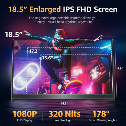 Upperizon Portable Monitor 18.5 inch FHD 125% sRGB 100Hz IPS HDR HDMI USB-C Travel Monitor for Laptop MacBook PC Surface PS5 Xbox, Large External Display with Kickstand & Speakers, VESA Compatible