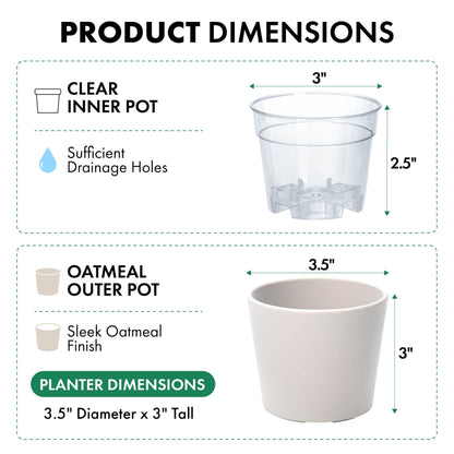 Phoenix Vine 3.5 Inch Oatmeal Plastic Cachepot with Clear Nursery Pot, Decorative Lightweight Planter Cover with Transparent Inner Pot for Indoor Houseplants, Pack of 8, 24-A-G-8